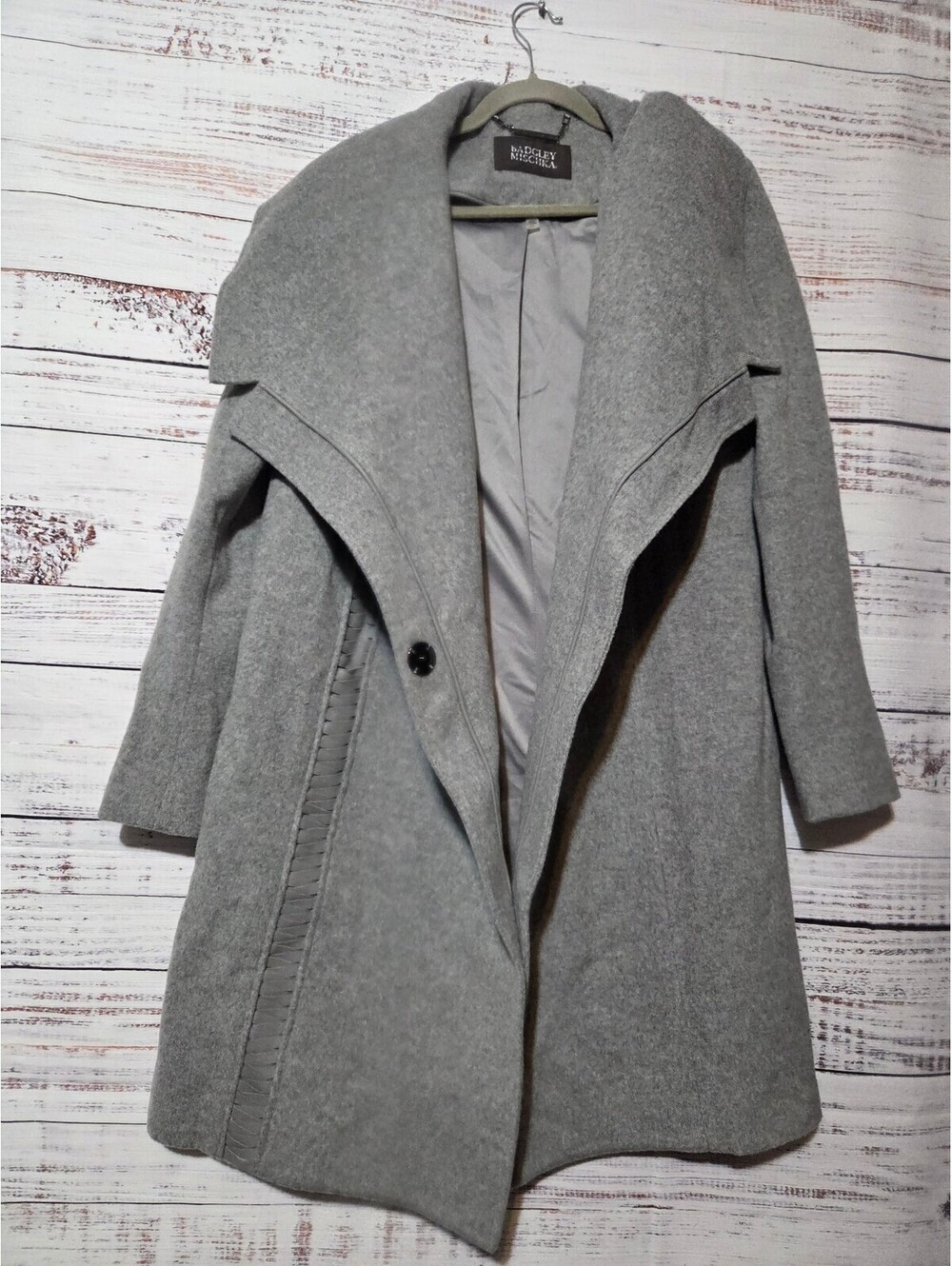 Badgley Mischka Women's XL Gray Wool Cashmere Leather Combo Coat